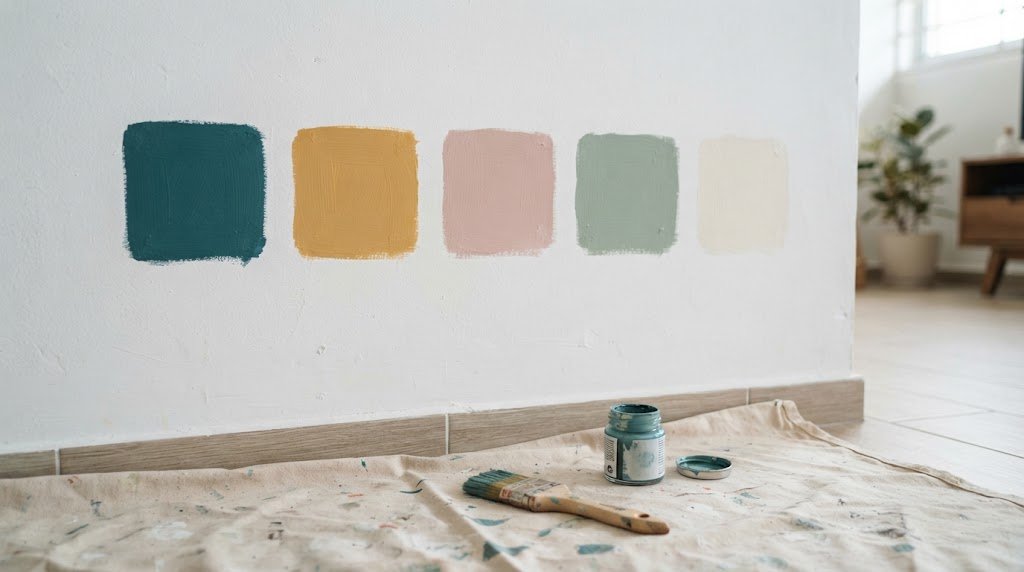 Paint sample patches on a wall in a Singapore home